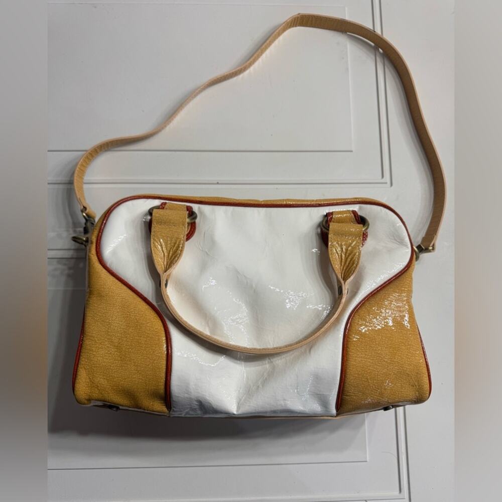 Donald J Pliner White Yellow Patent Leather Satchel Shoulder Bag *Callouts